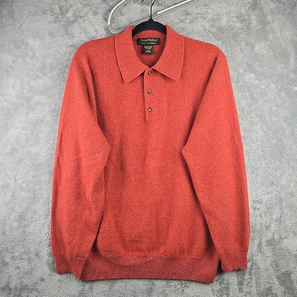 Daniel Bishop Polo Sweater Mens Medium Orange 100% Cashmere Pullover Knit Preppy